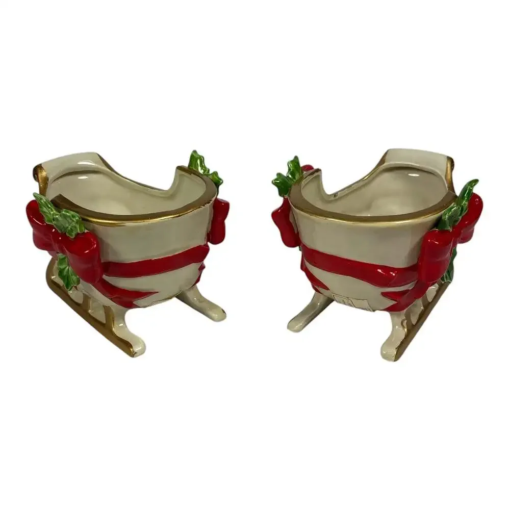 2 Vintage Fitz and Floyd Christmas Sleigh Candy Dish Planter Japan Bows Holly